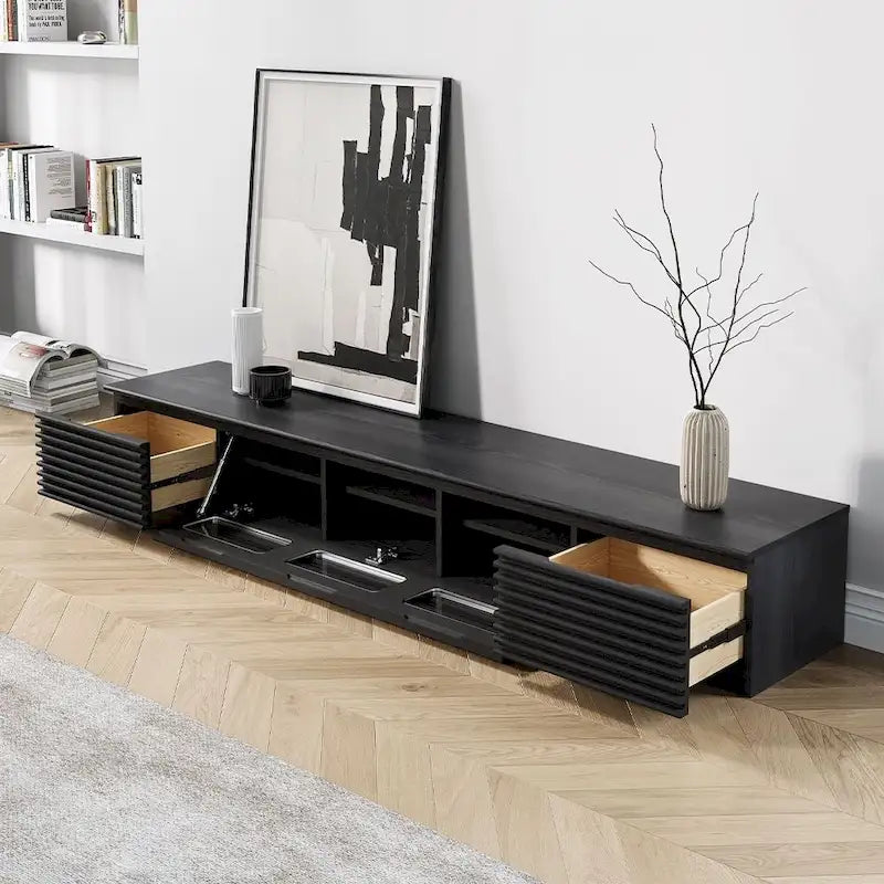 Meuble TV minimaliste avec tiroirs, console multimédia en bois massif avec placards, porte abattante, placage noyer, livré entièrement assemblé