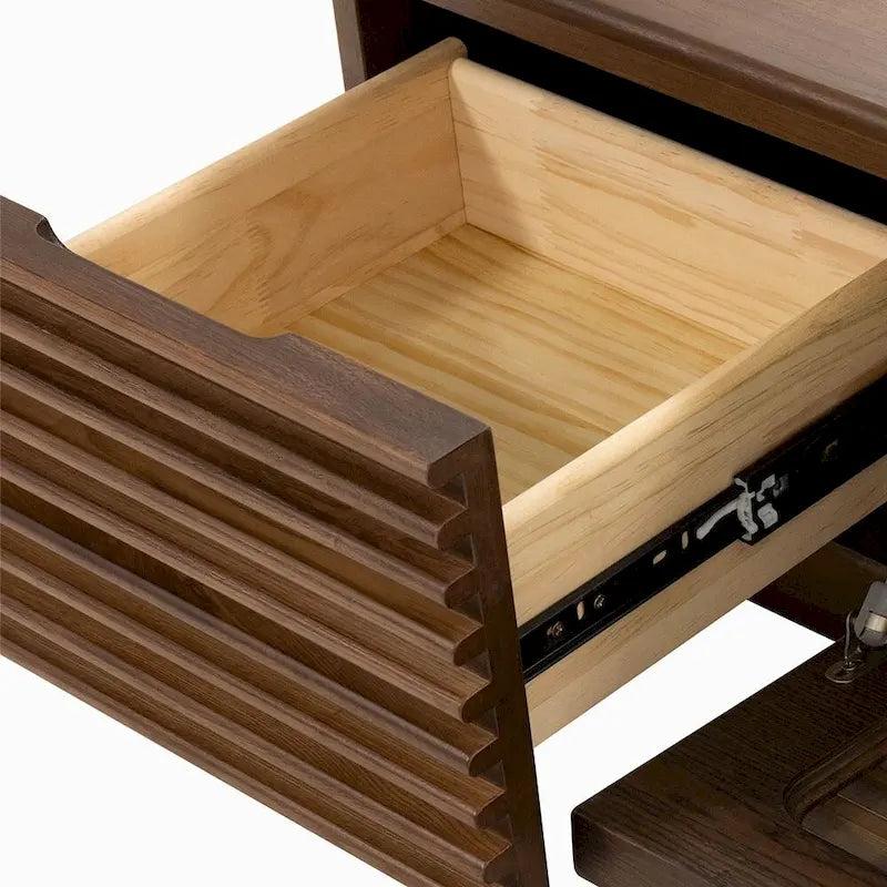 Meuble TV minimaliste avec tiroirs, console multimédia en bois massif avec placards, porte abattante, placage noyer, livré entièrement assemblé