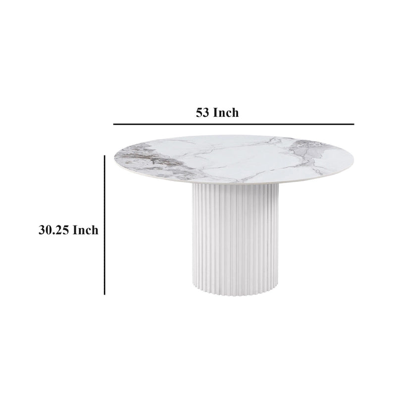 Table de salle à manger ronde avec piètement cannelé, pierre frittée blanche, 135 cm