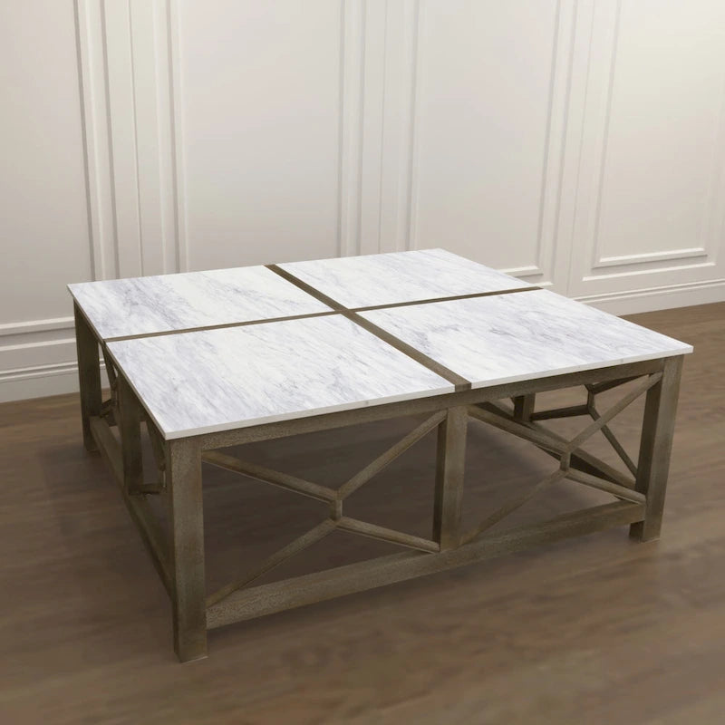 Table basse, plateau carré de 102 cm en marbre blanc, piétement géométrique en bois de manguier gris cendre sablé