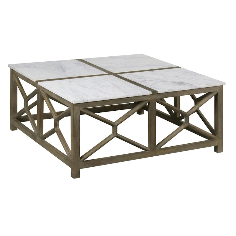 Table basse, plateau carré de 102 cm en marbre blanc, piétement géométrique en bois de manguier gris cendre sablé