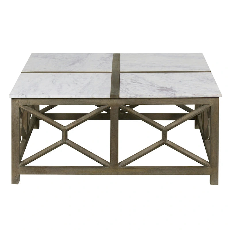 Table basse, plateau carré de 102 cm en marbre blanc, piétement géométrique en bois de manguier gris cendre sablé