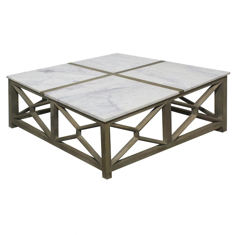 Table basse, plateau carré de 102 cm en marbre blanc, piétement géométrique en bois de manguier gris cendre sablé