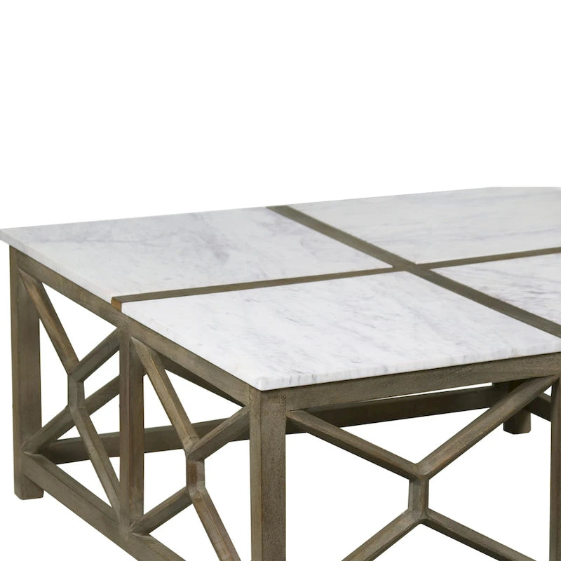 Table basse, plateau carré de 102 cm en marbre blanc, piétement géométrique en bois de manguier gris cendre sablé