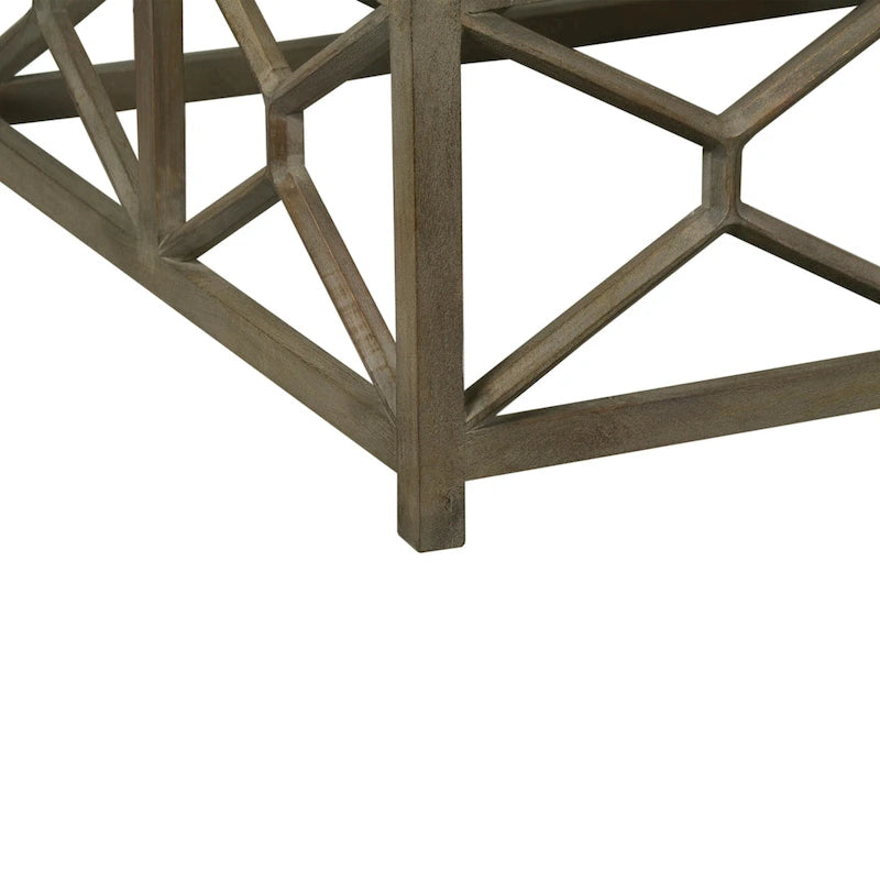 Table basse, plateau carré de 102 cm en marbre blanc, piétement géométrique en bois de manguier gris cendre sablé