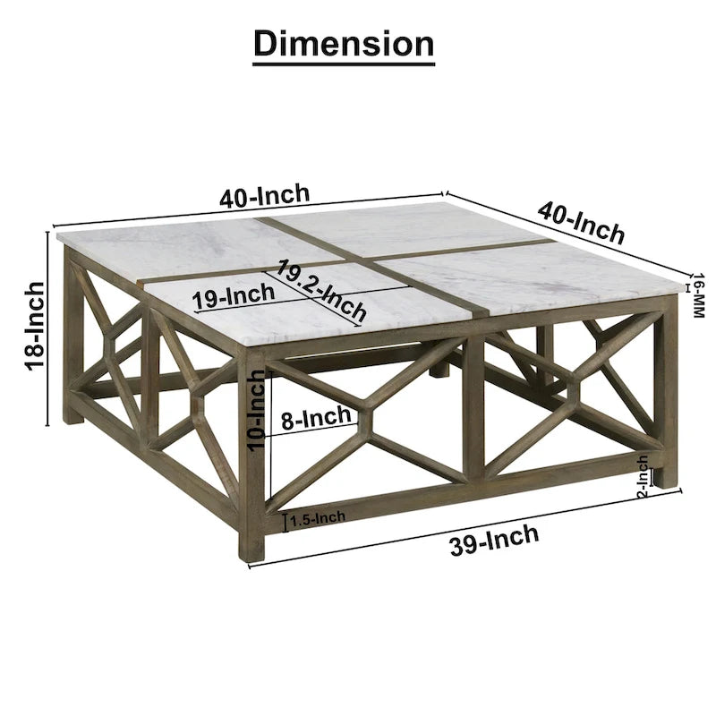 Table basse, plateau carré de 102 cm en marbre blanc, piétement géométrique en bois de manguier gris cendre sablé