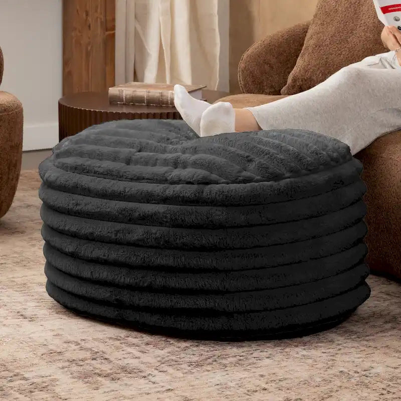 Grand Pouf Ottoman en Fausse Fourrure Côtelée, 89 cm, Noir