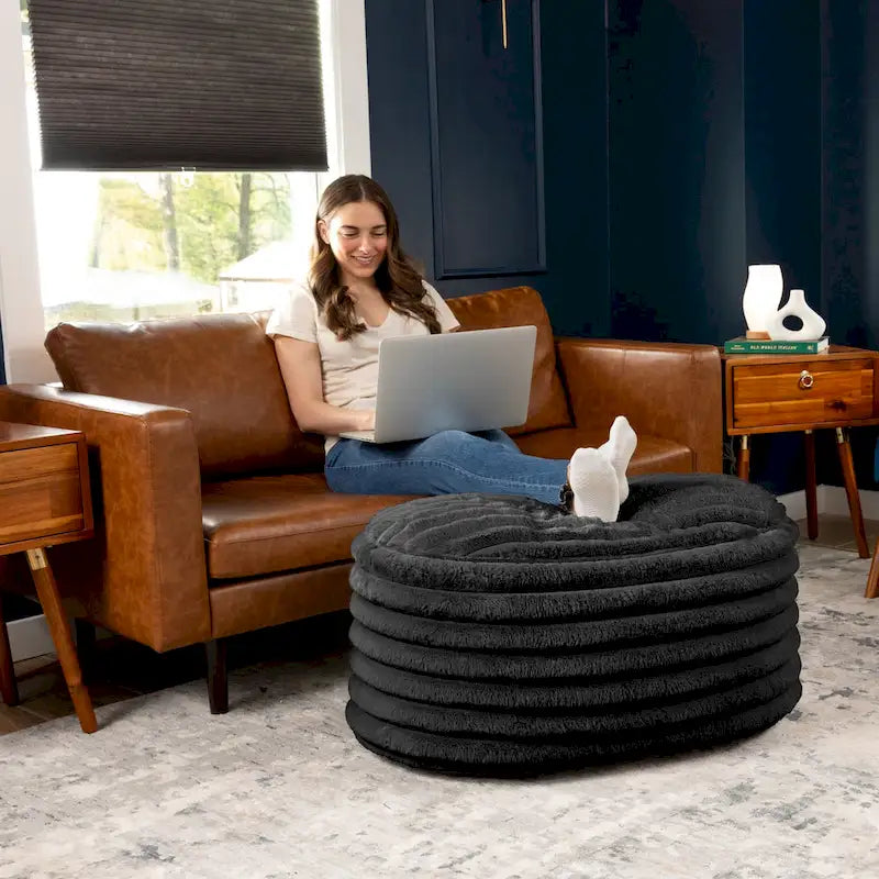 Grand Pouf Ottoman en Fausse Fourrure Côtelée, 89 cm, Noir