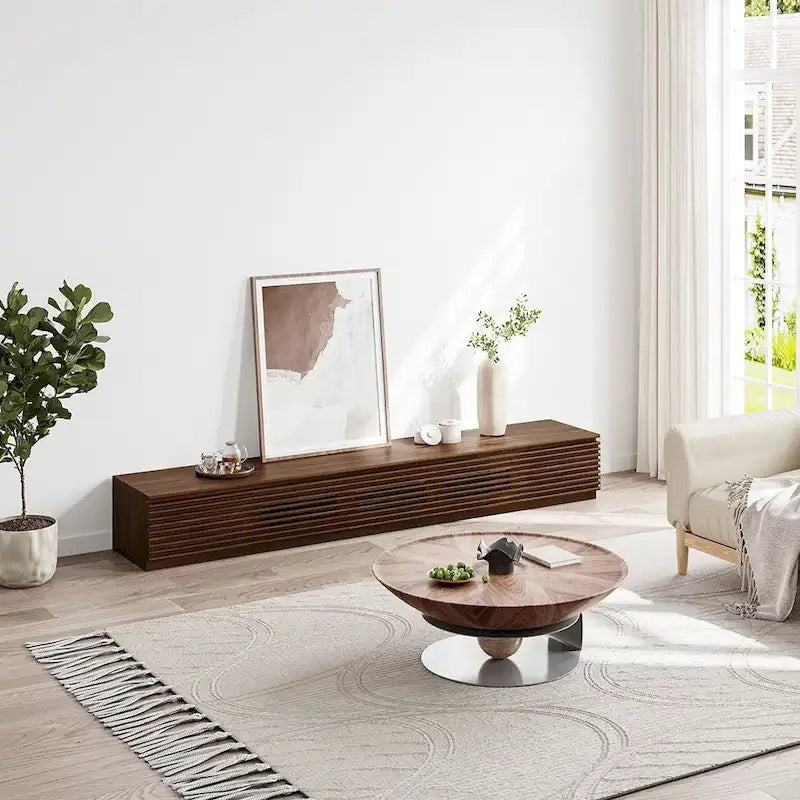 Meuble TV minimaliste avec tiroirs, console multimédia en bois massif avec placards, porte abattante, placage noyer, livré entièrement assemblé
