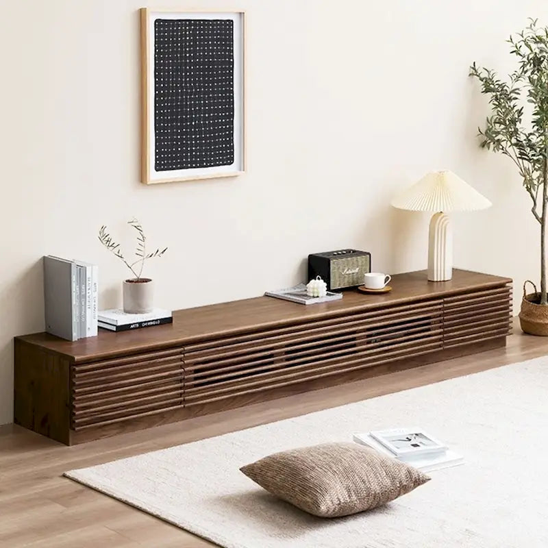 Meuble TV minimaliste avec tiroirs, console multimédia en bois massif avec placards, porte abattante, placage noyer, livré entièrement assemblé