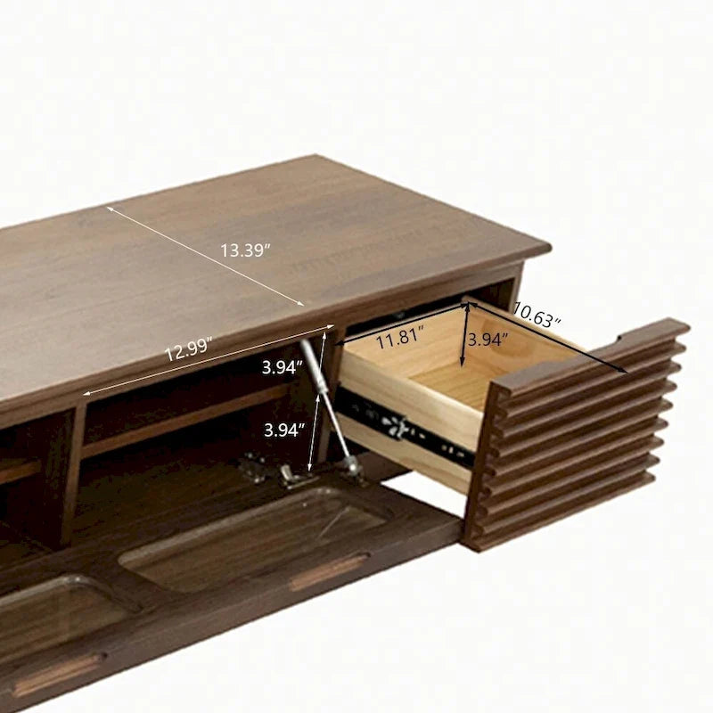 Meuble TV minimaliste avec tiroirs, console multimédia en bois massif avec placards, porte abattante, placage noyer, livré entièrement assemblé