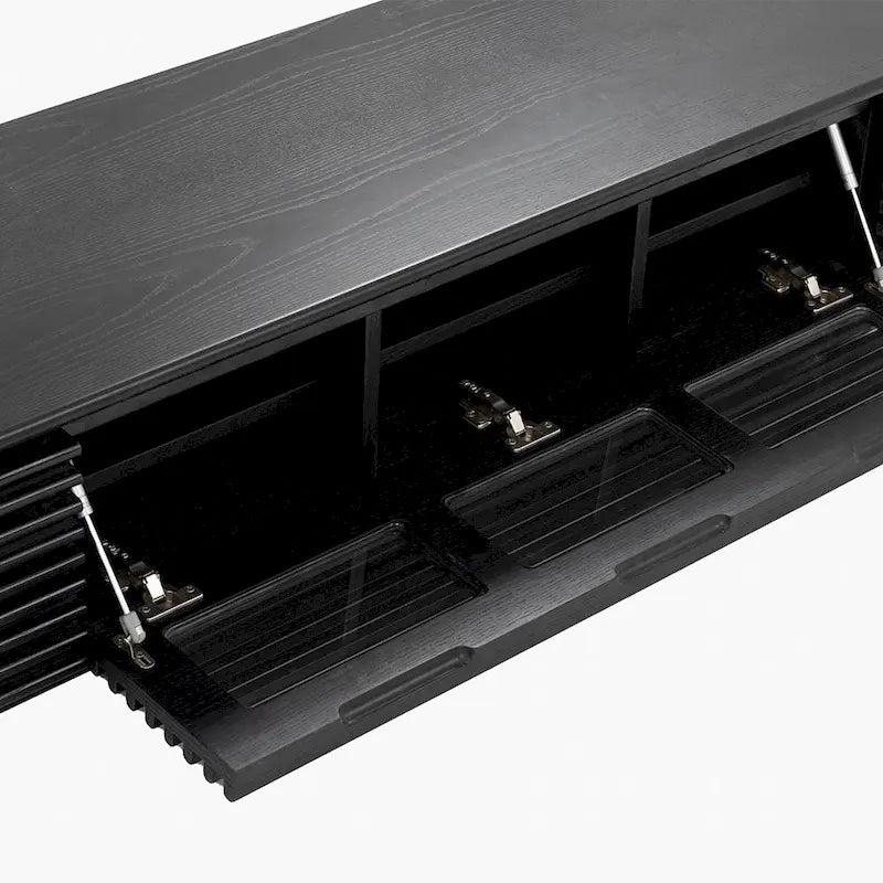 Meuble TV minimaliste avec tiroirs, console multimédia en bois massif avec placards, porte abattante, placage noyer, livré entièrement assemblé