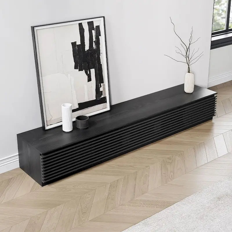 Meuble TV minimaliste avec tiroirs, console multimédia en bois massif avec placards, porte abattante, placage noyer, livré entièrement assemblé
