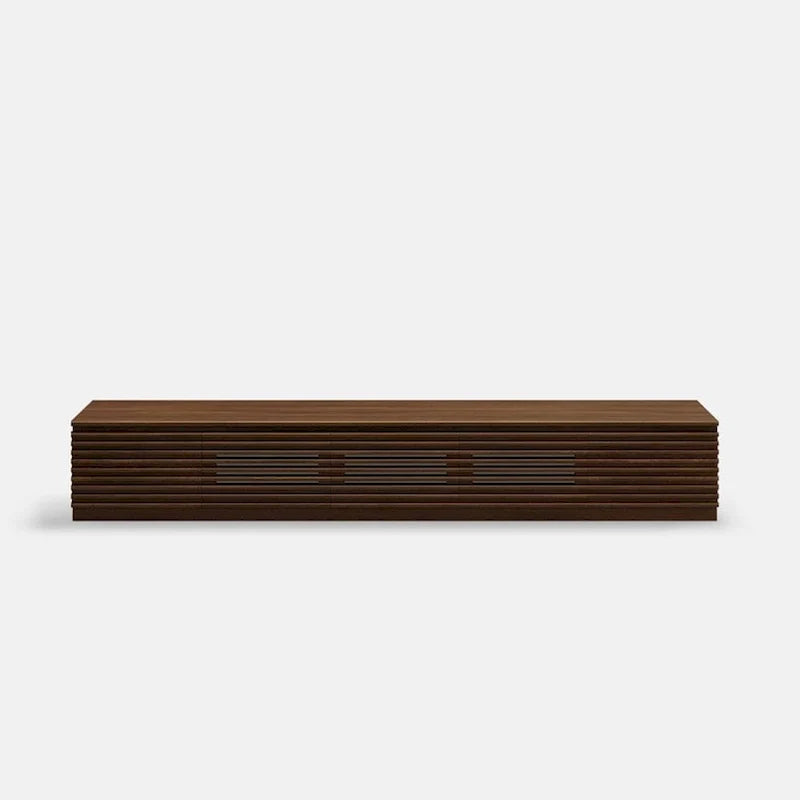 Meuble TV minimaliste avec tiroirs, console multimédia en bois massif avec placards, porte abattante, placage noyer, livré entièrement assemblé