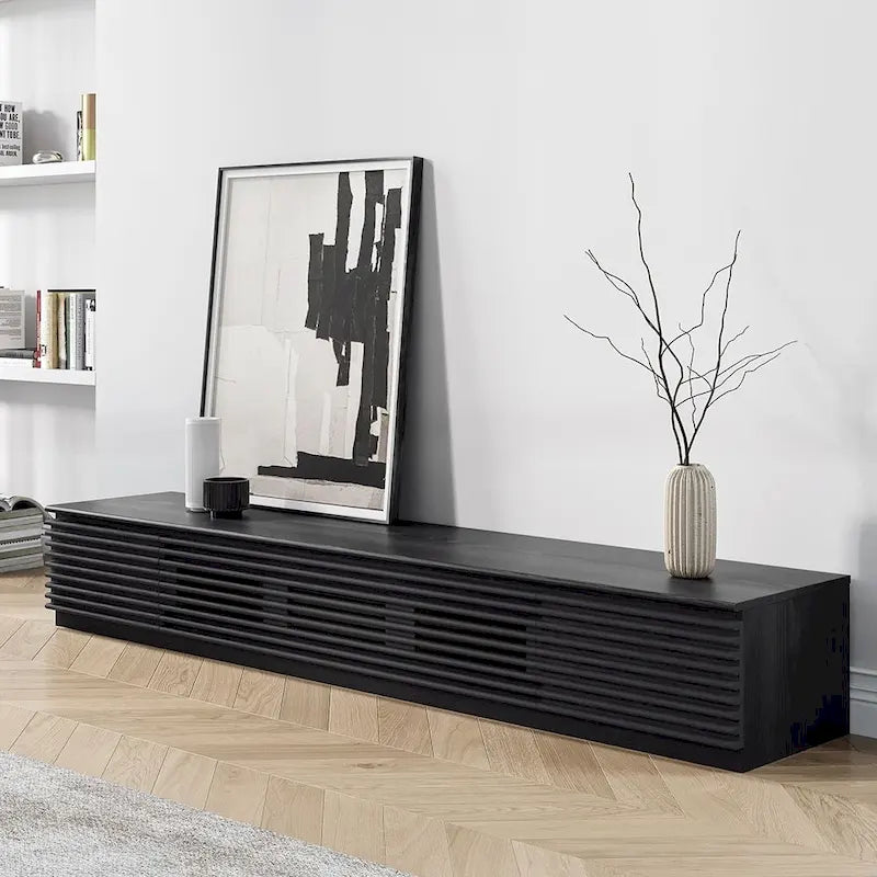 Meuble TV minimaliste avec tiroirs, console multimédia en bois massif avec placards, porte abattante, placage noyer, livré entièrement assemblé