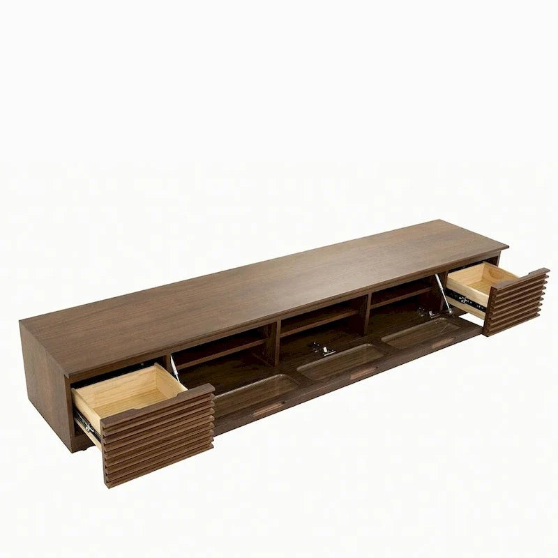 Meuble TV minimaliste avec tiroirs, console multimédia en bois massif avec placards, porte abattante, placage noyer, livré entièrement assemblé