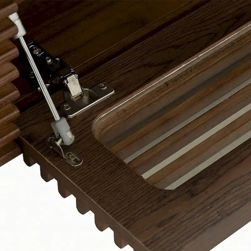 Meuble TV minimaliste avec tiroirs, console multimédia en bois massif avec placards, porte abattante, placage noyer, livré entièrement assemblé
