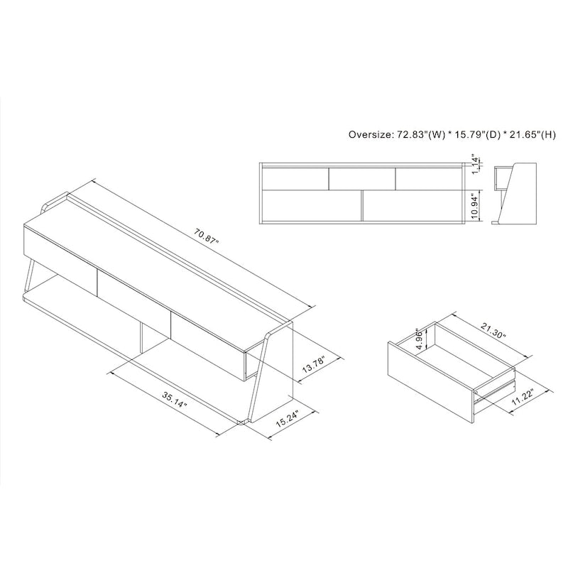 Meuble TV moderne en noyer de 185 cm avec 3 tiroirs