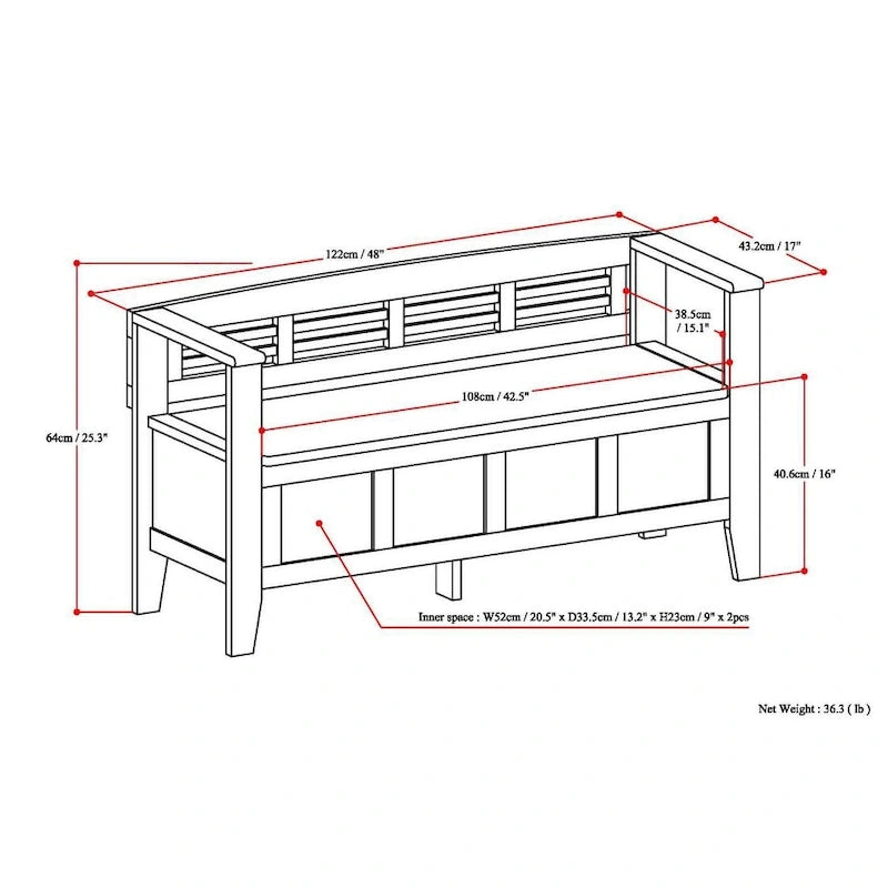 Banc de rangement d'entrée contemporain en bois massif de 122 cm de large