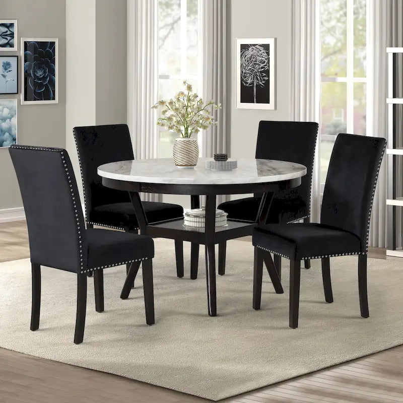 Table à manger ronde avec plateau en faux marbre et étagère inférieure