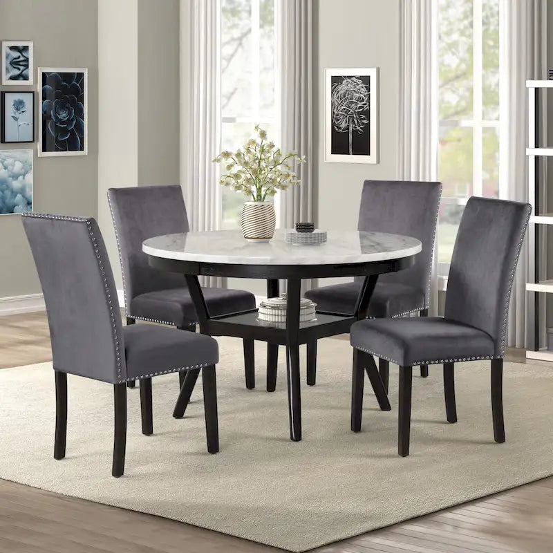 Table à manger ronde avec plateau en faux marbre et étagère inférieure