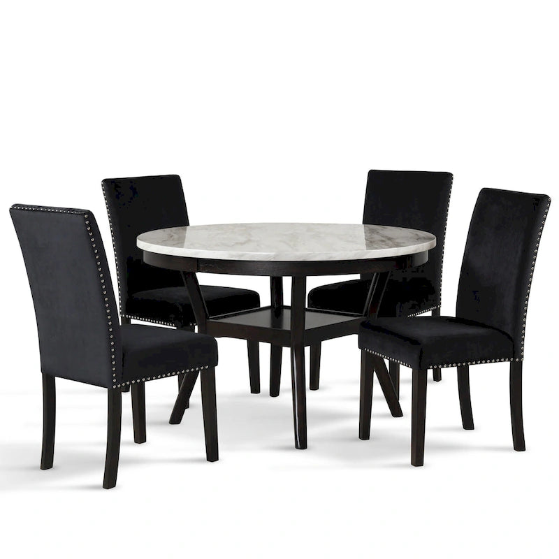 Table à manger ronde avec plateau en faux marbre et étagère inférieure