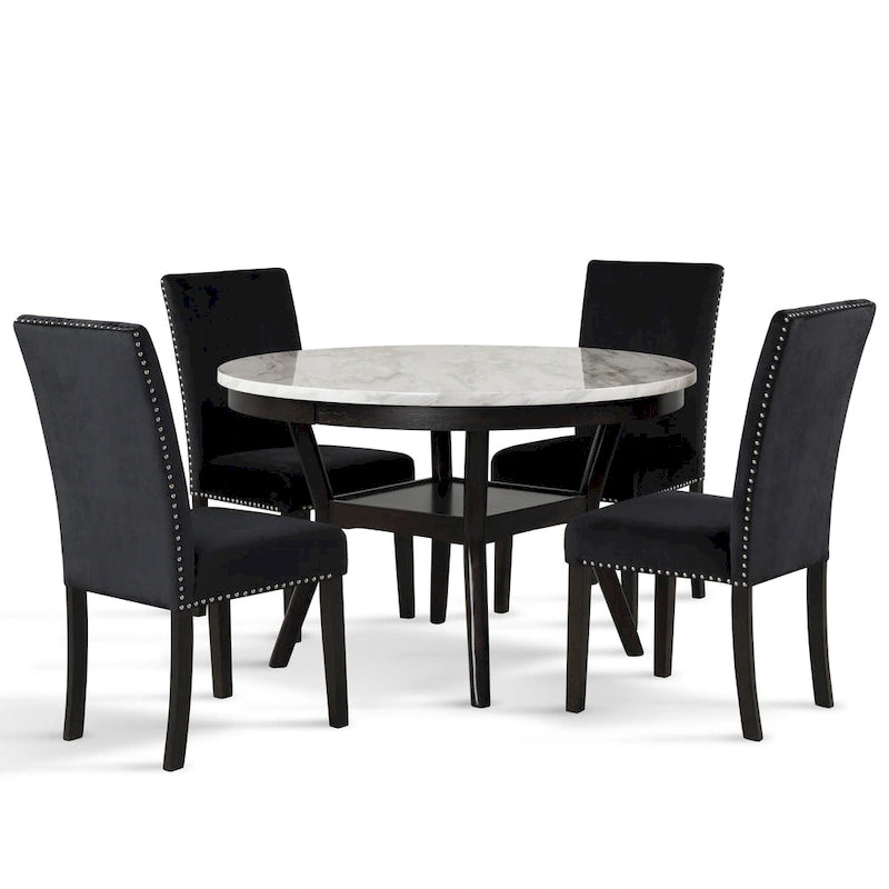 Table à manger ronde avec plateau en faux marbre et étagère inférieure