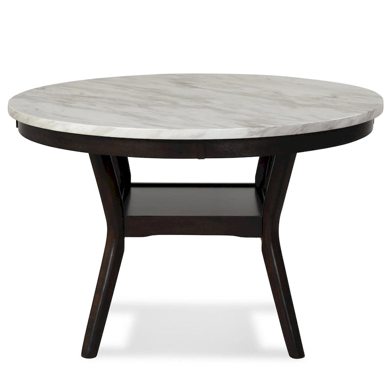 Table à manger ronde avec plateau en faux marbre et étagère inférieure