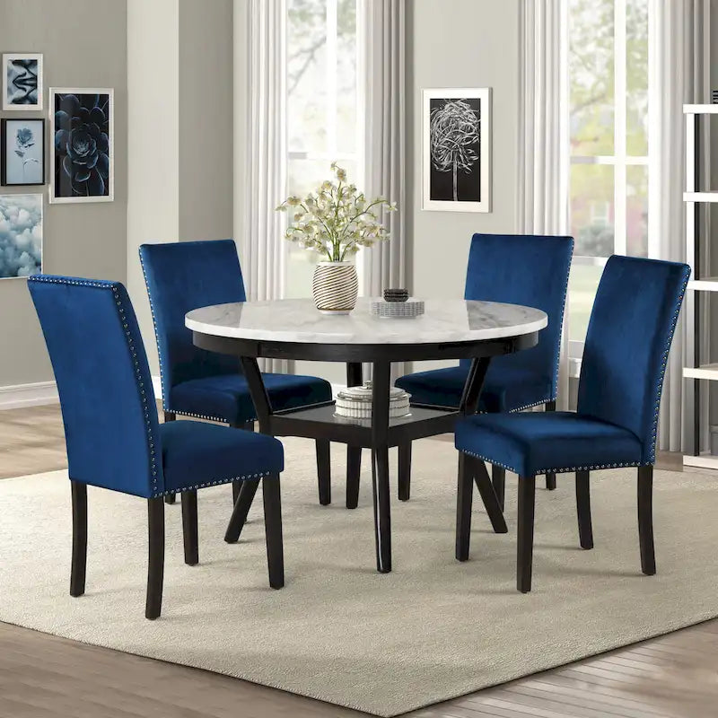 Table à manger ronde avec plateau en faux marbre et étagère inférieure