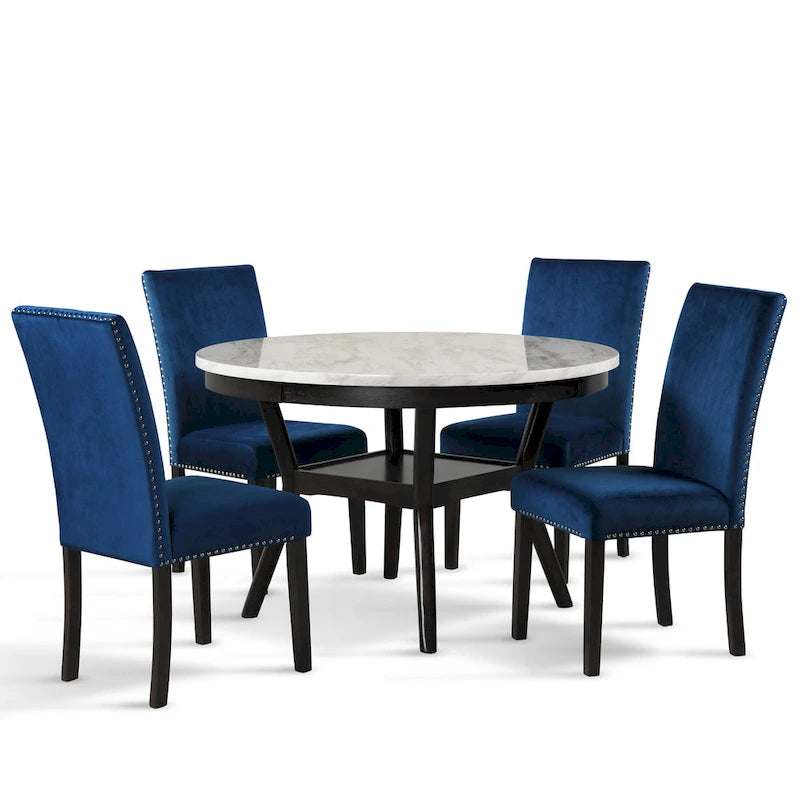Table à manger ronde avec plateau en faux marbre et étagère inférieure