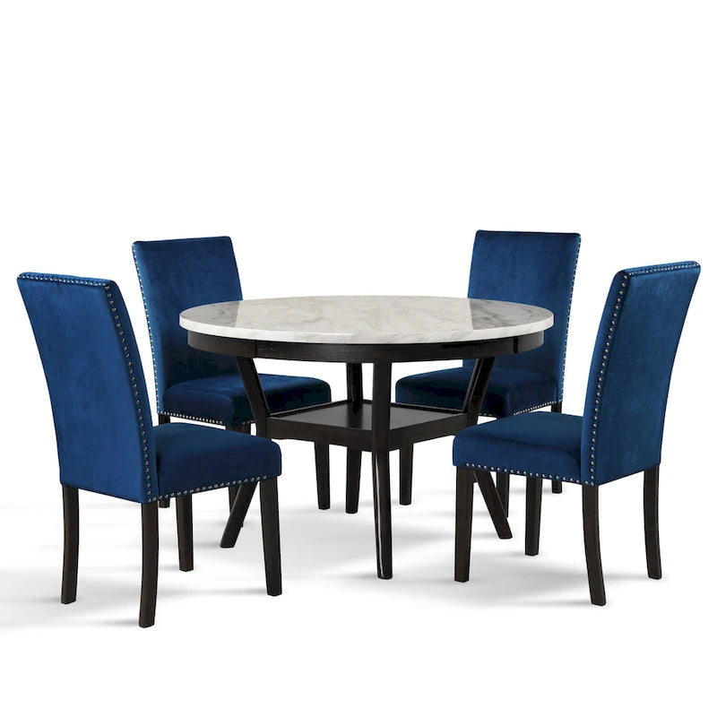 Table à manger ronde avec plateau en faux marbre et étagère inférieure