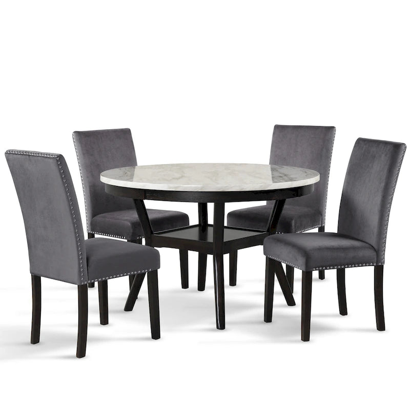 Table à manger ronde avec plateau en faux marbre et étagère inférieure