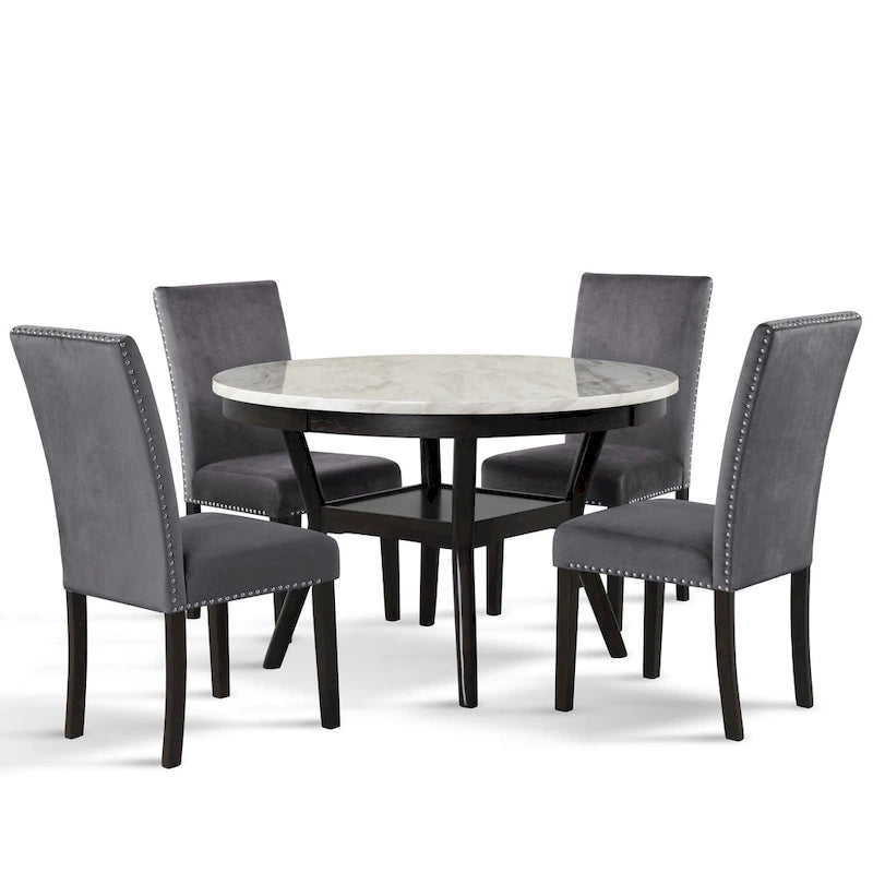 Table à manger ronde avec plateau en faux marbre et étagère inférieure