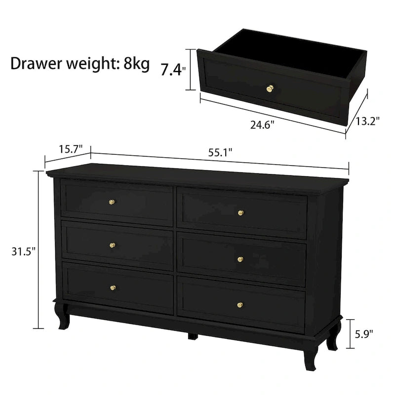 Commode double en bois à 6 tiroirs profonds pour chambre à coucher