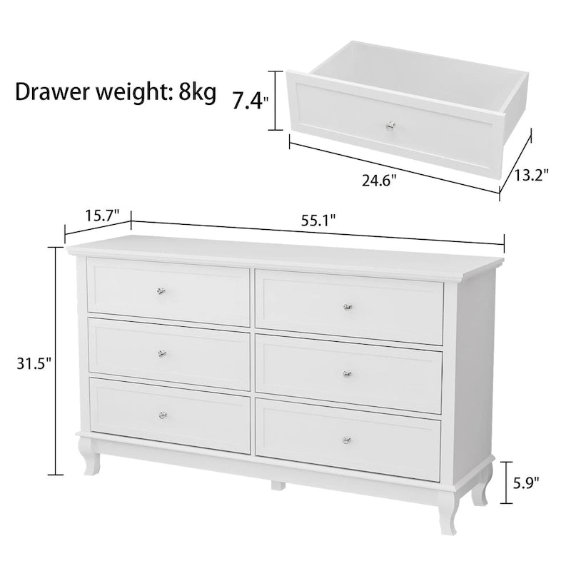 Commode double en bois à 6 tiroirs profonds pour chambre à coucher