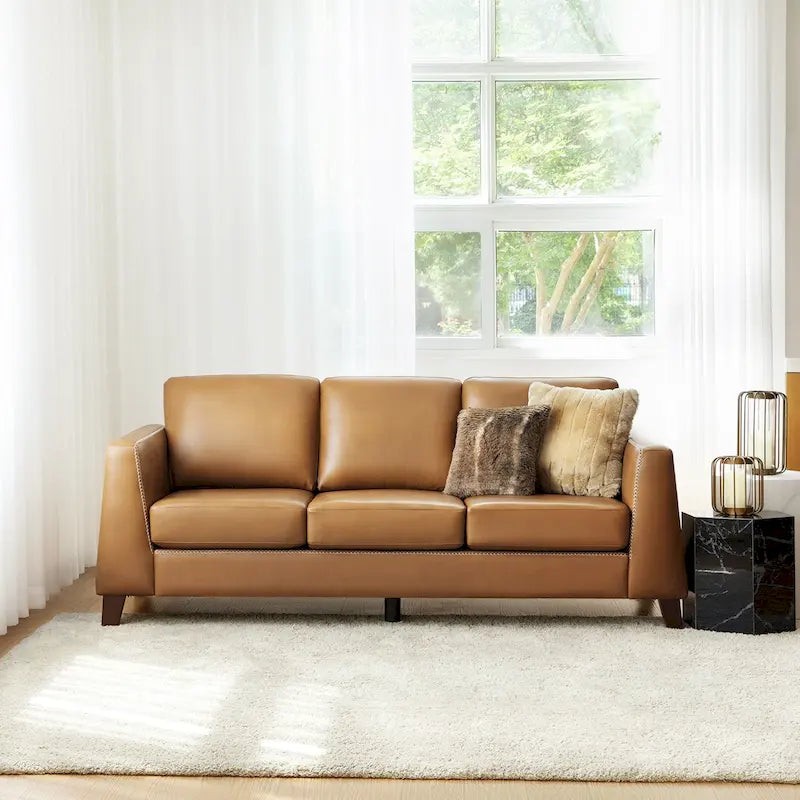 Canapé trois places en cuir véritable avec accoudoirs, pieds en bois massif, 207 cm