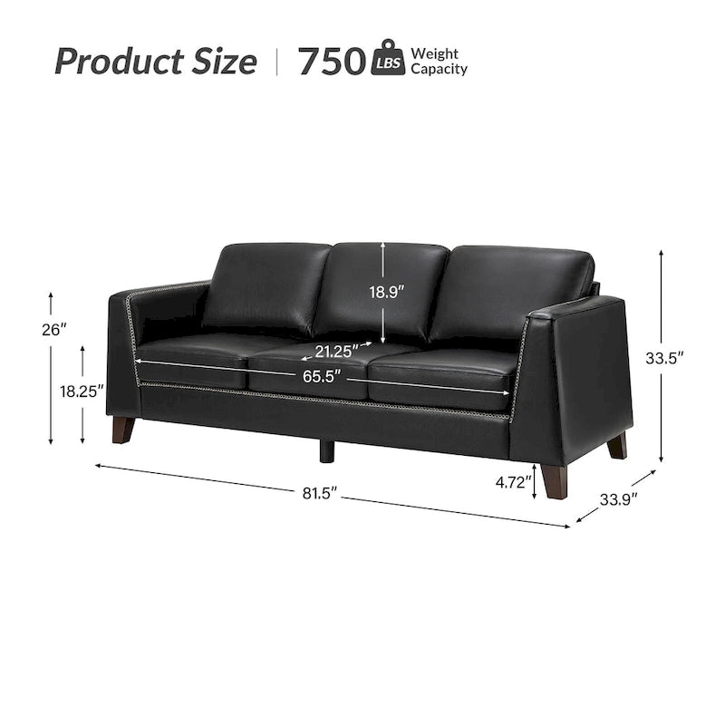Canapé trois places en cuir véritable avec accoudoirs, pieds en bois massif, 207 cm
