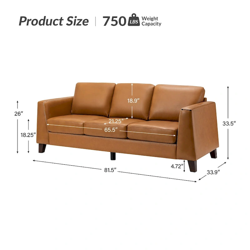 Canapé trois places en cuir véritable avec accoudoirs, pieds en bois massif, 207 cm