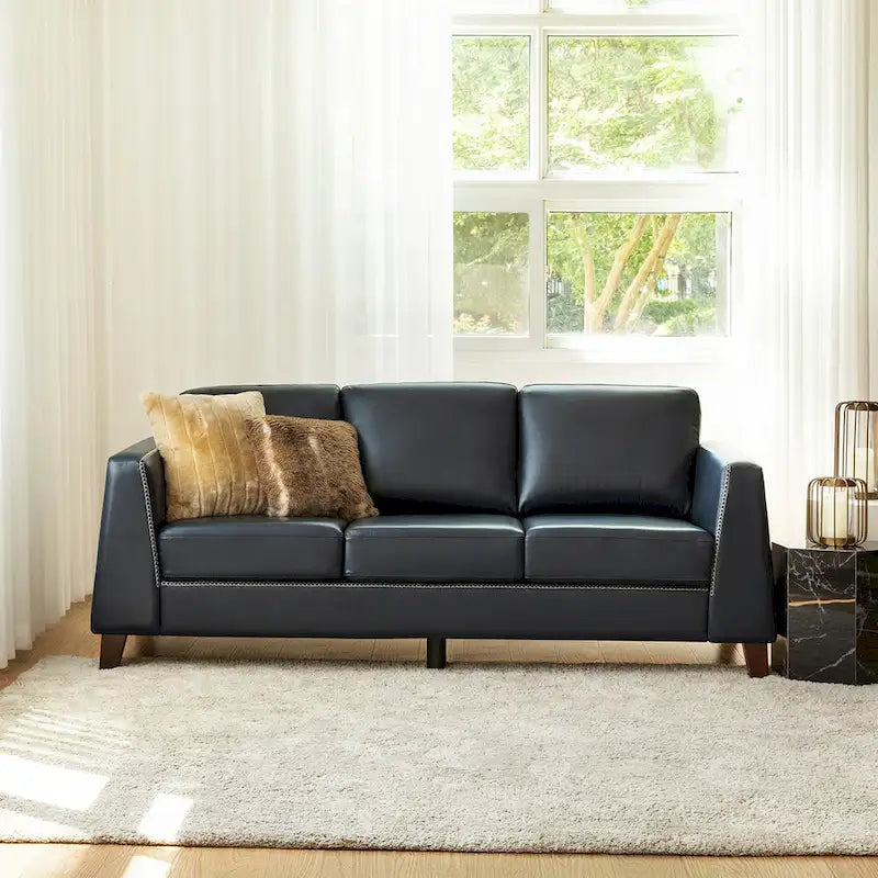 Canapé trois places en cuir véritable avec accoudoirs, pieds en bois massif, 207 cm