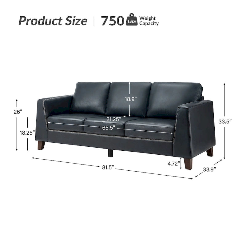 Canapé trois places en cuir véritable avec accoudoirs, pieds en bois massif, 207 cm