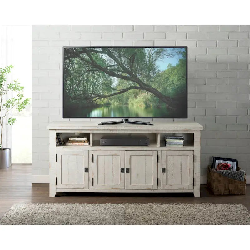 Meuble TV en bois massif de 165 cm de large avec rangement