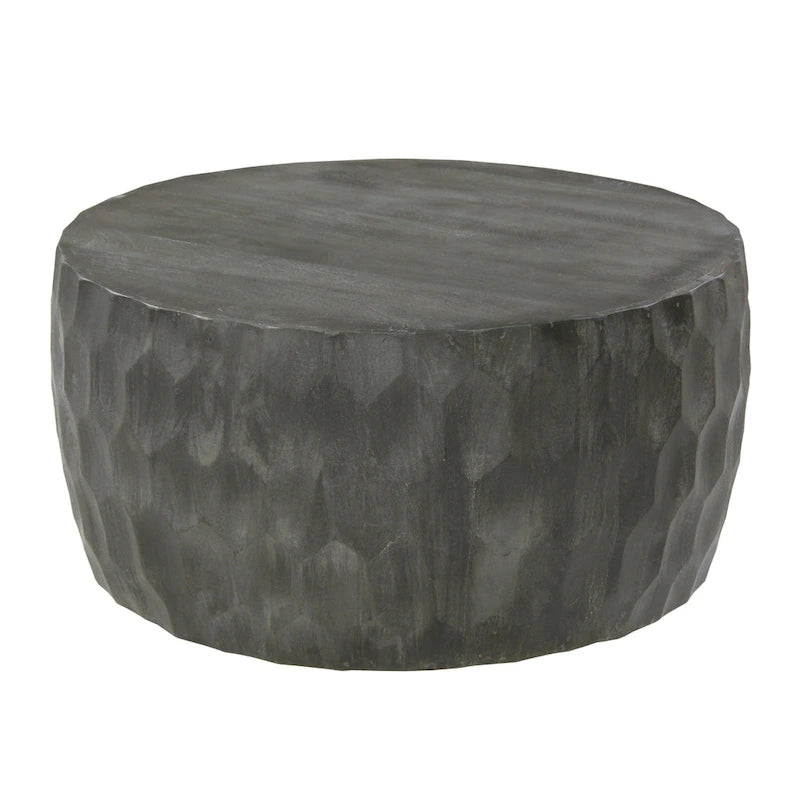 Table basse ronde en bois de 33 pouces avec motif géométrique sculpté, gris