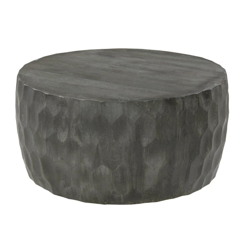 Table basse ronde en bois de 33 pouces avec motif géométrique sculpté, gris