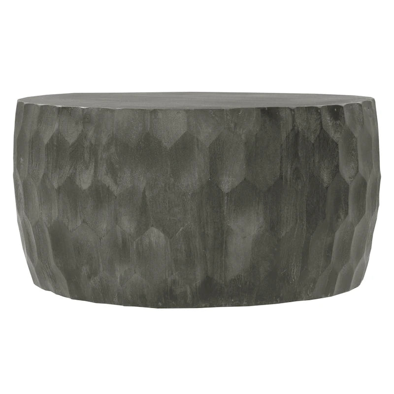 Table basse ronde en bois de 33 pouces avec motif géométrique sculpté, gris