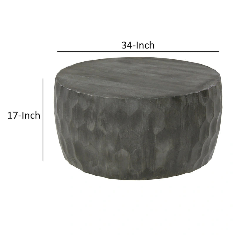 Table basse ronde en bois de 33 pouces avec motif géométrique sculpté, gris