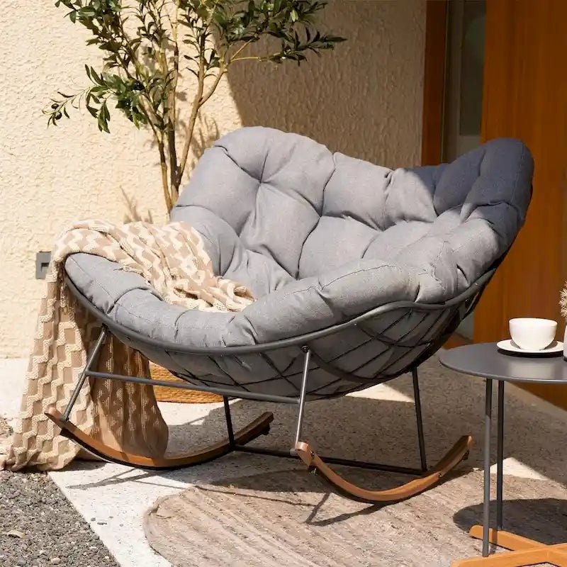 Grand fauteuil à bascule de patio, chaise œuf autoportante intérieure-extérieure avec coussin pour jardin et arrière-cour