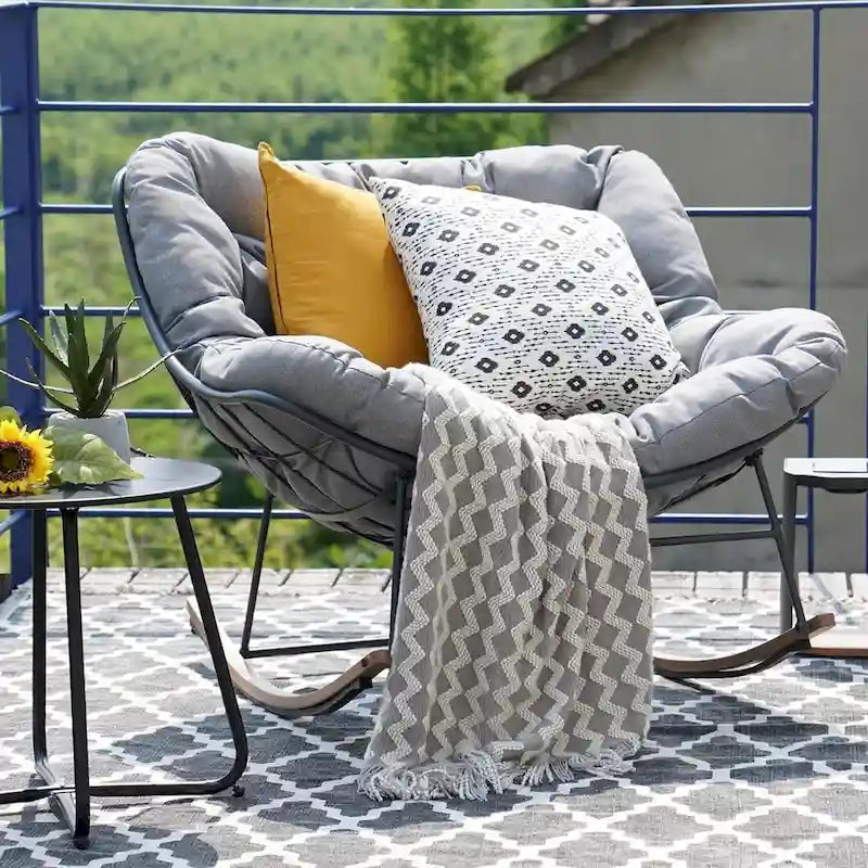 Grand fauteuil à bascule de patio, chaise œuf autoportante intérieure-extérieure avec coussin pour jardin et arrière-cour