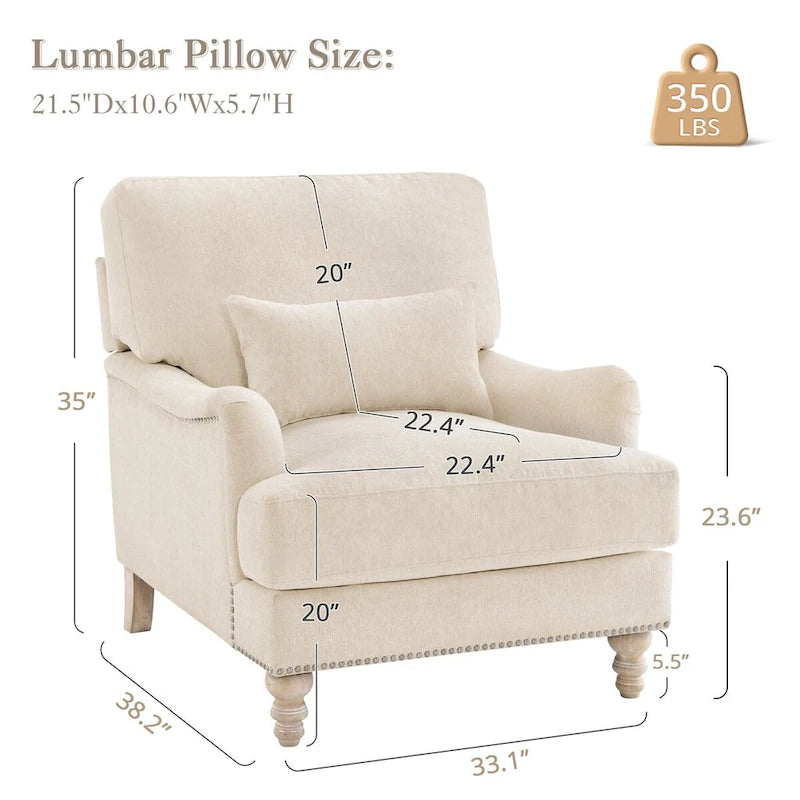 Fauteuil d'appoint moderne avec accoudoirs, rembourré, avec cadre en bois massif et coussin lombaire