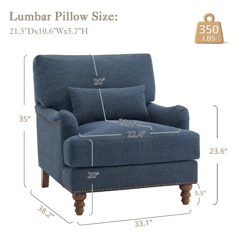 Fauteuil d'appoint moderne avec accoudoirs, rembourré, avec cadre en bois massif et coussin lombaire