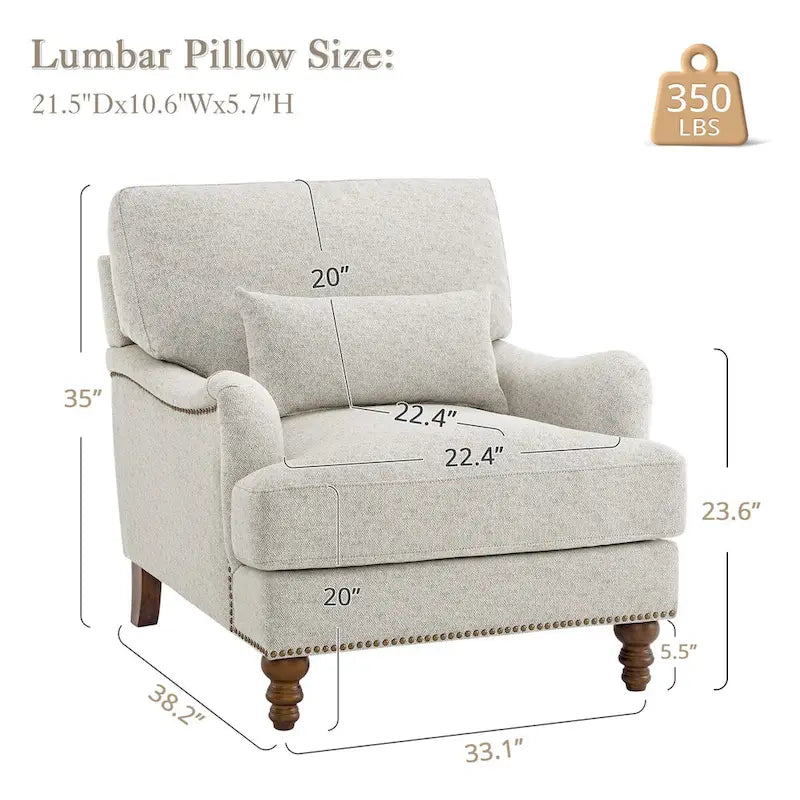 Fauteuil d'appoint moderne avec accoudoirs, rembourré, avec cadre en bois massif et coussin lombaire